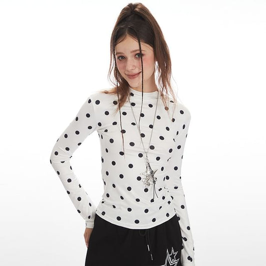 Mock-Neck Polka-Dot Long-Sleeved Slim-Fit T-Shirt