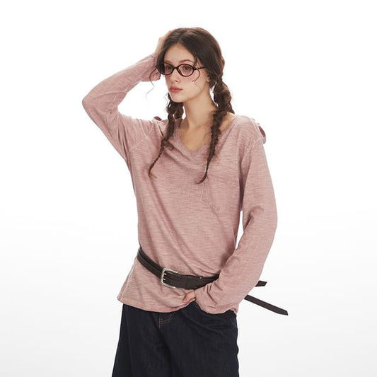 V-Neck Long-Sleeved Plain Loose-Fit T-Shirt
