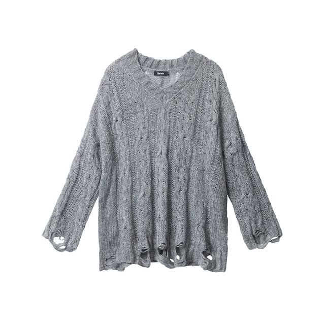 V-Neck Long-Sleeved Plain Distressed Loose-Fit Knit Top