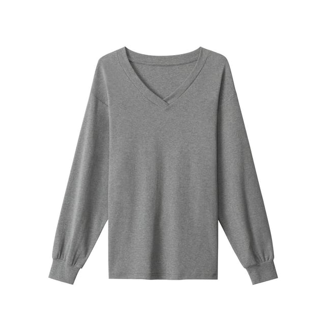 V-Neck Long-Sleeved Plain Lace-Up Back T-Shirt