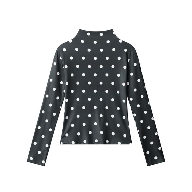 Mock-Neck Polka-Dot Long-Sleeved Slim-Fit T-Shirt