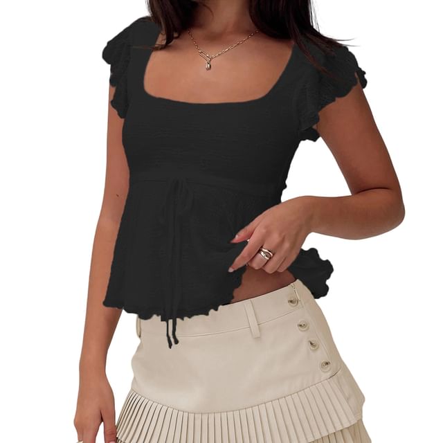 Square-Neck Sleeveless Plain Lace-Trim Top