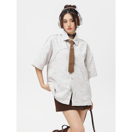 Asymmetric Mini-Sleeved Shirt with Neck Tie