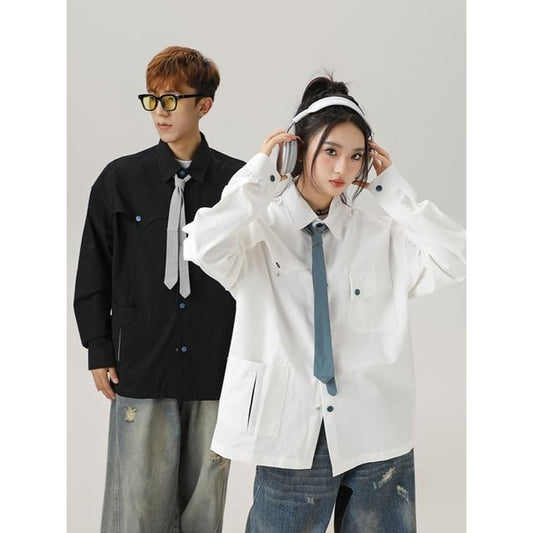 Unisex Asymmetric Pocketed Shirt with Tie