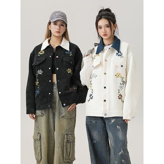 Flower-Embroidered Colorblock Tweed Jacket