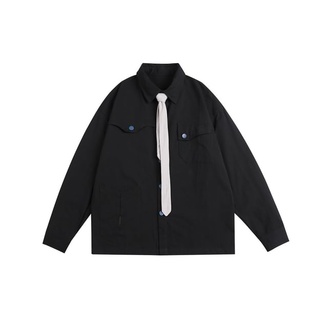 Unisex Asymmetric Pocketed Shirt with Tie