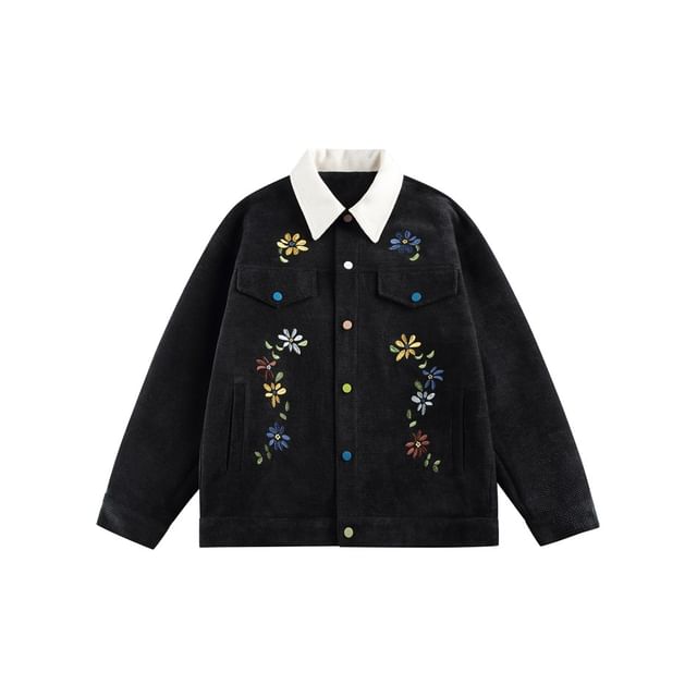 Flower-Embroidered Colorblock Tweed Jacket