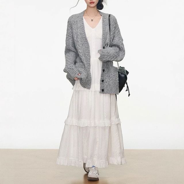 Sleeveless V-Neck Ruffle Trim Tiered Maxi A-Line Dress / Speckle Embroidered Button-Up Cable Knit Cardigan