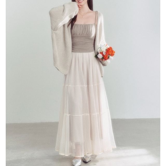 Plain Ruched Crop Camisole Top / High Rise Sheer Maxi A-Line Skirt / Open Front Cardigan
