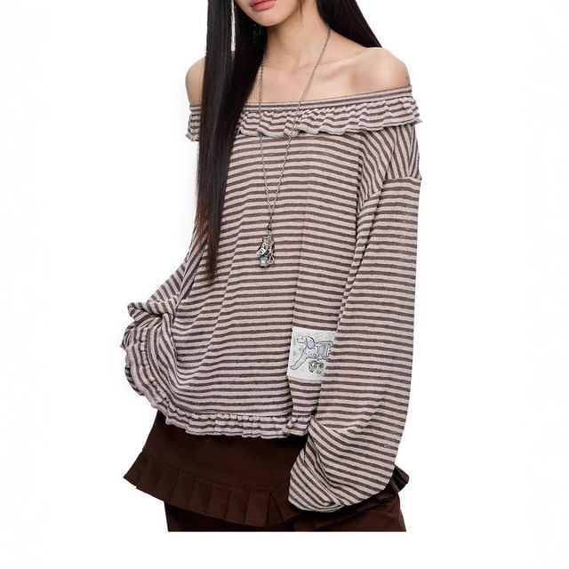 Long-Sleeve Off-Shoulder Striped Applique Ruffle Trim Tee