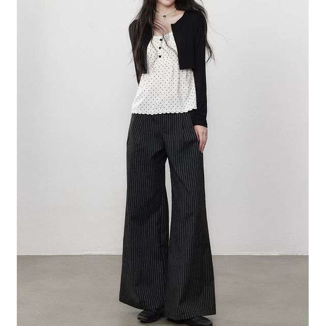 Mock Two-Piece Long-Sleeve Dotted Lace Trim Slim Fit Top / High Waist Striped Wide Leg Pants