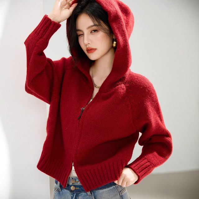 Plain Zip-Up Crop Knit Hoodie