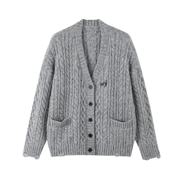 Sleeveless V-Neck Ruffle Trim Tiered Maxi A-Line Dress / Speckle Embroidered Button-Up Cable Knit Cardigan