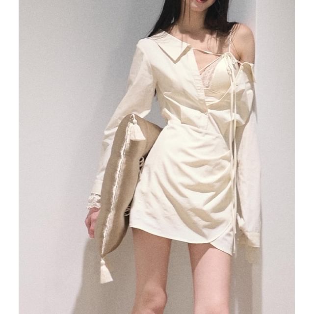 V-Neck Lace Panel Camisole Top / Long-Sleeve Off-Shoulder Plain Asymmetrical Mini A-Line Dress / Undershorts / Set