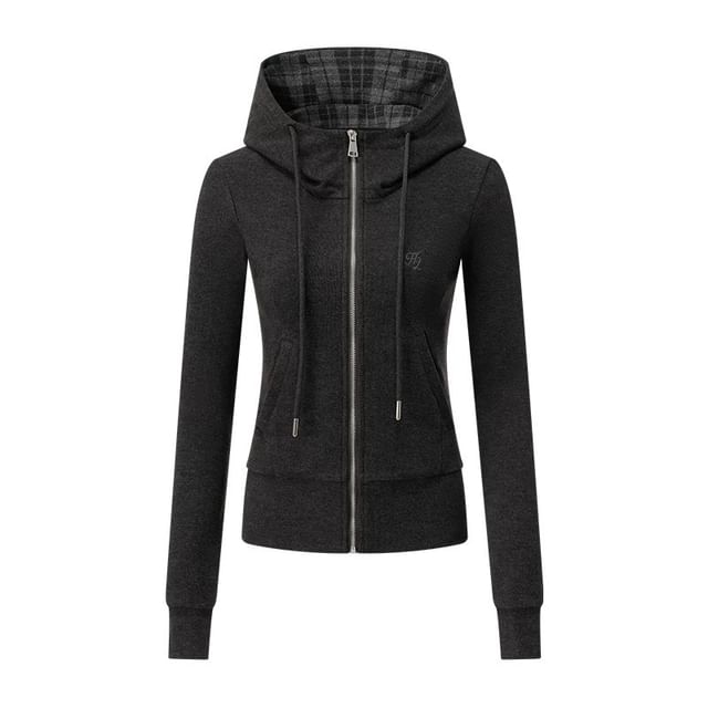 Plaid Panel Zip-Up Slim Fit Hoodie / High Waist Flared Pants