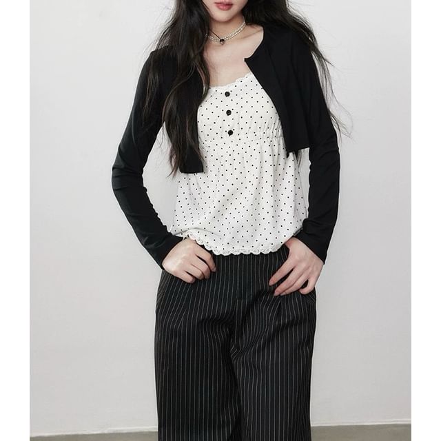 Mock Two-Piece Long-Sleeve Dotted Lace Trim Slim Fit Top / High Waist Striped Wide Leg Pants