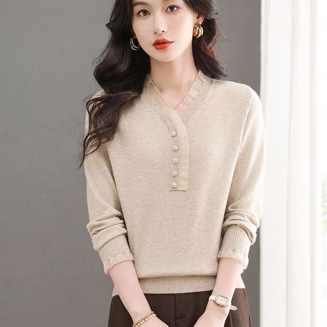 Long-Sleeve Henley Knit Top with Lace Trim