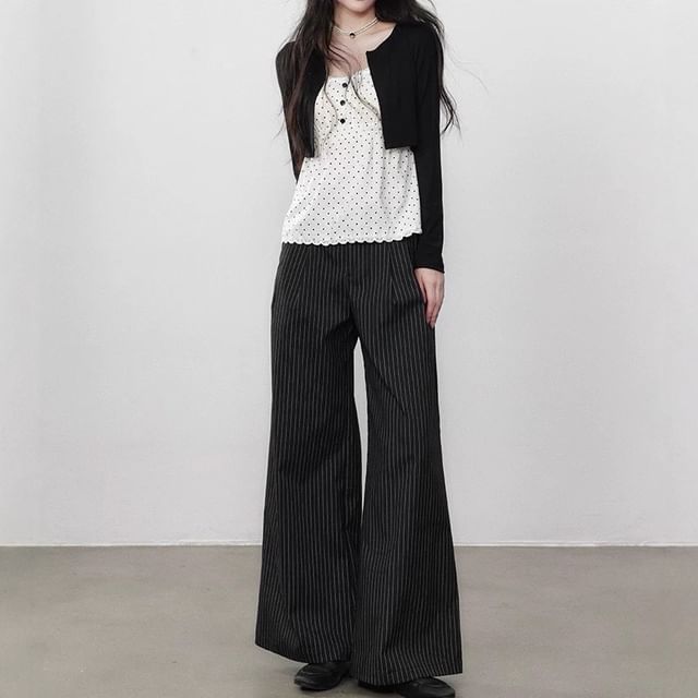 Mock Two-Piece Long-Sleeve Dotted Lace Trim Slim Fit Top / High Waist Striped Wide Leg Pants