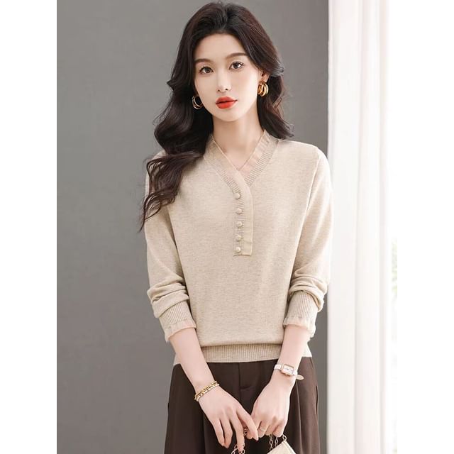 Long-Sleeve Henley Knit Top with Lace Trim