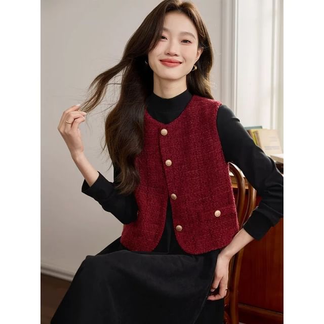 Round Neck Plain Tweed Button Vest