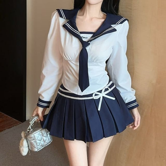 Sailor-Collar Two-Tone Neck-Tie Long-Sleeved Blouse & High-Rise Mini Pleated Skirt