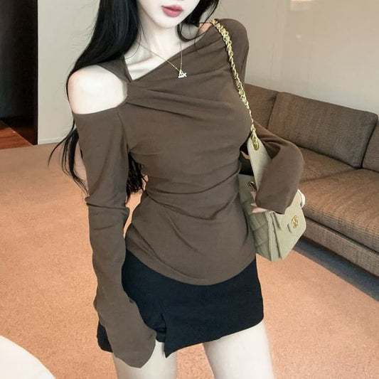 Plain Ruched Cold-Shoulder Sleeved T-Shirt