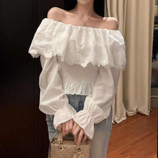 Plain Lace-Panel Off-Shoulder Sleeved Blouse