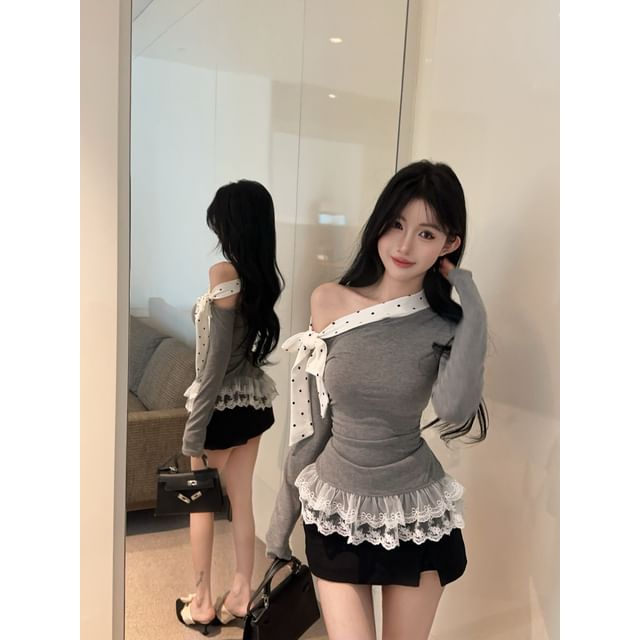 Long-Sleeve Off Shoulder Asymmetrical Lace Trim Tee