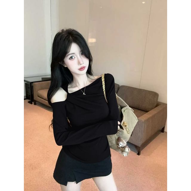 Plain Ruched Cold-Shoulder Sleeved T-Shirt