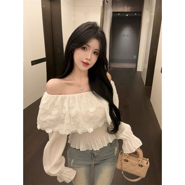 Long-Sleeve Off Shoulder Plain Lace Panel Blouse