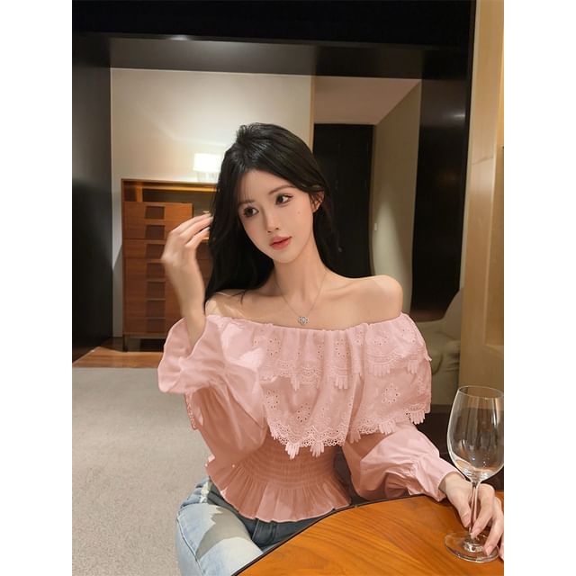 Plain Lace-Panel Off-Shoulder Sleeved Blouse