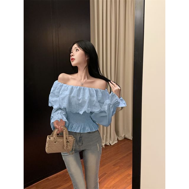 Long-Sleeve Off Shoulder Plain Lace Panel Blouse