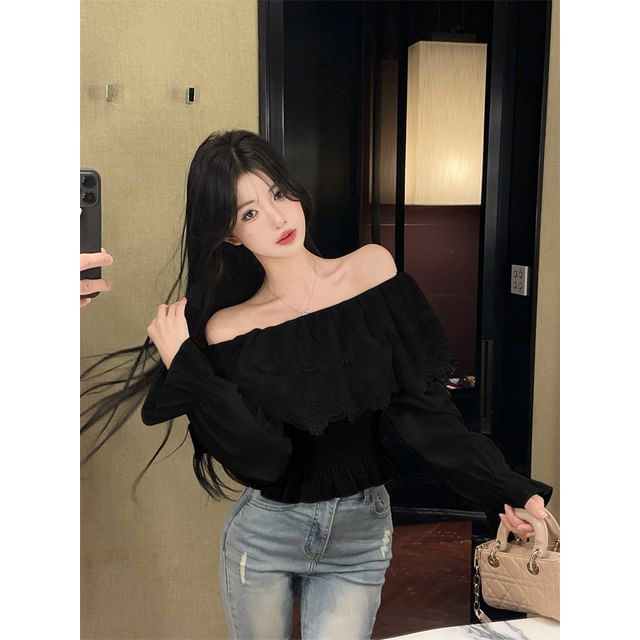 Plain Lace-Panel Off-Shoulder Sleeved Blouse