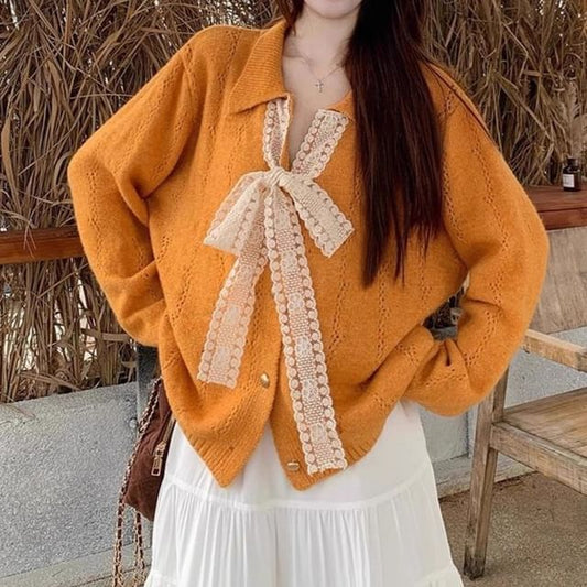Collar Plain Lace Trim Cardigan