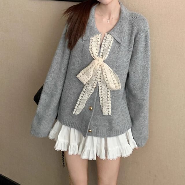 Collar Plain Lace Trim Cardigan
