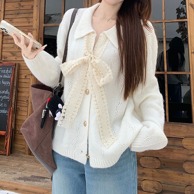 Collar Plain Lace Trim Cardigan
