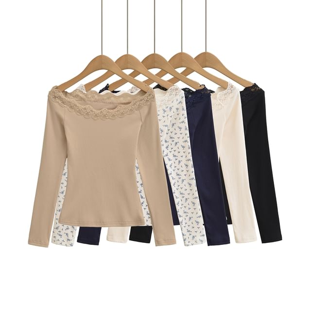 Long-Sleeve Off-Shoulder Lace Trim Slim Fit Tee