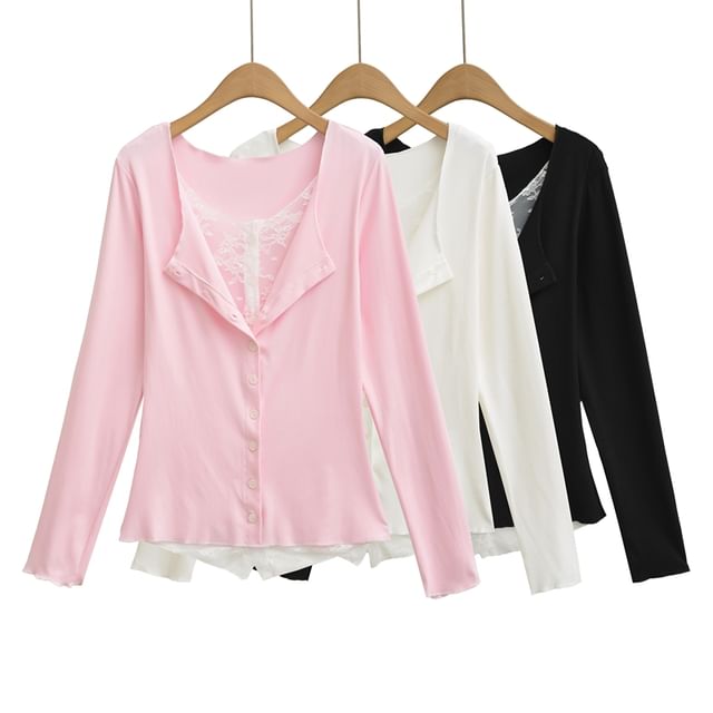 Mock Two-Piece Long-Sleeve Lace Panel Button T-Shirt