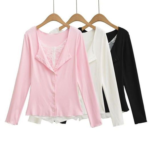 Mock Two-Piece Long-Sleeve Lace Panel Button T-Shirt