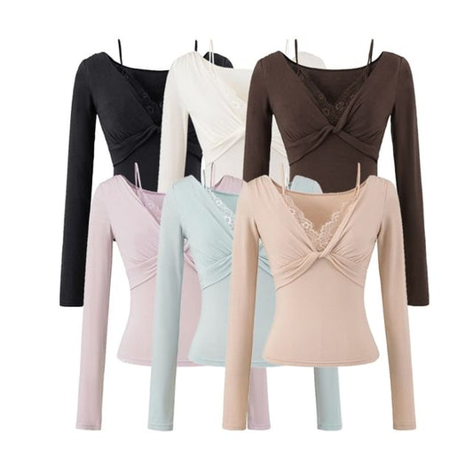 Mock Two-Piece Long-Sleeve V-Neck Plain Knot Lace Panel Slim Fit T-Shirt