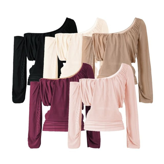 Plain Mesh Cropped Off-Shoulder Asymmetric-Neck Long-Sleeved Top