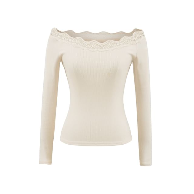 Off-Shoulder Lace-Trimmed Slim-Fit Long-Sleeved Tee