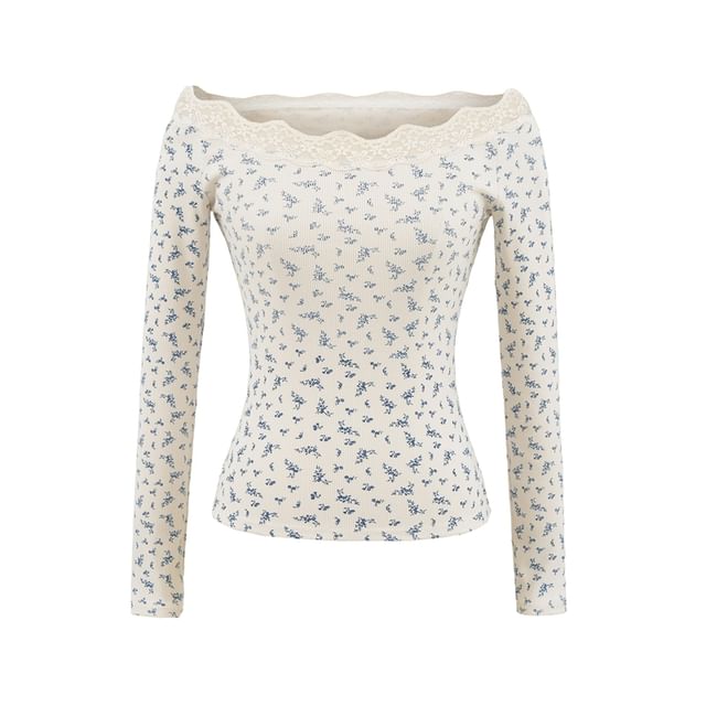 Off-Shoulder Lace-Trimmed Slim-Fit Long-Sleeved Tee