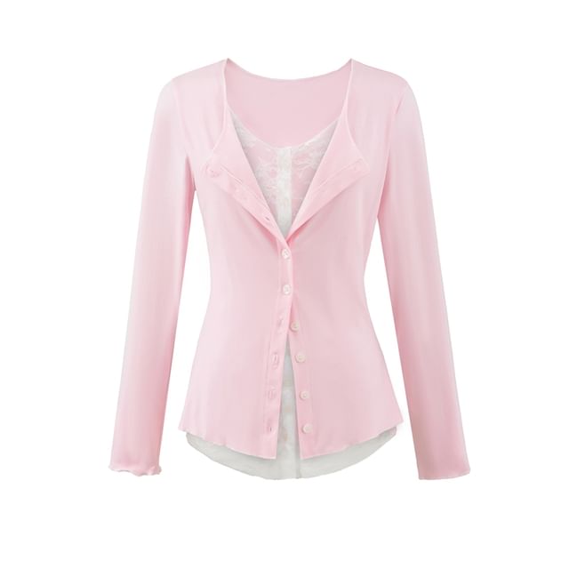 Mock Two-Piece Long-Sleeve Lace Panel Button T-Shirt