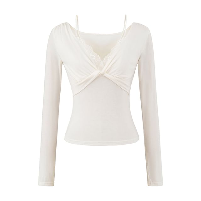 Mock Two-Piece Long-Sleeve V-Neck Plain Knot Lace Panel Slim Fit T-Shirt