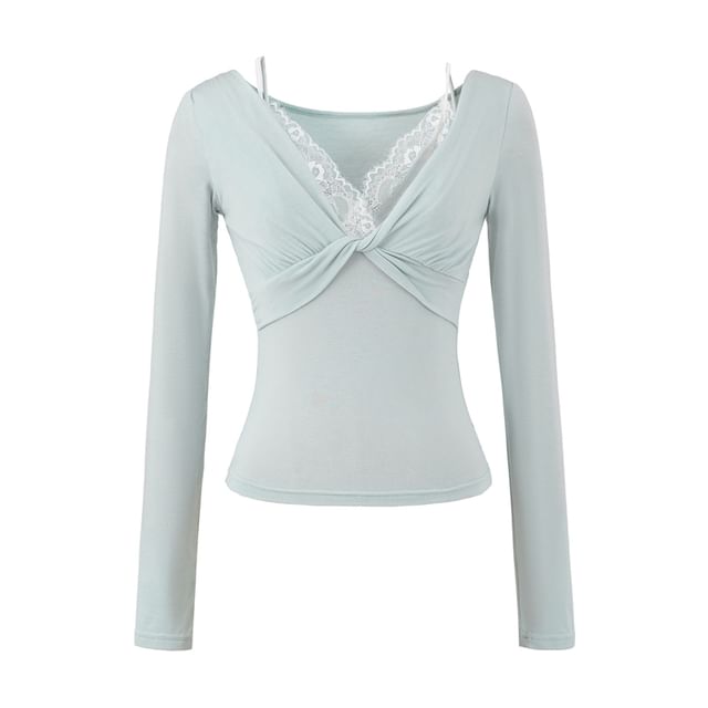 Knot Lace-Paneled Mock Two-Piece V-Neck Slim-Fit Long-Sleeved Tee