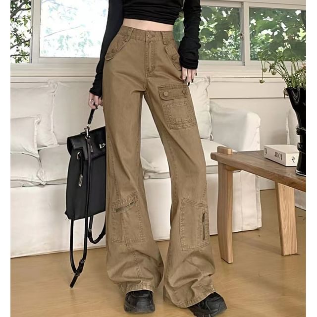 High Waist Washed Pocket Straight-Fit Boot-Cut Cargo Pants
