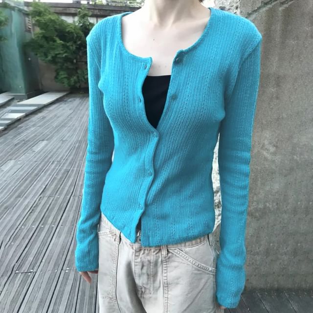 Scoop Neck Long Sleeve Ribbed-Knit Slim-Fit Cardigan