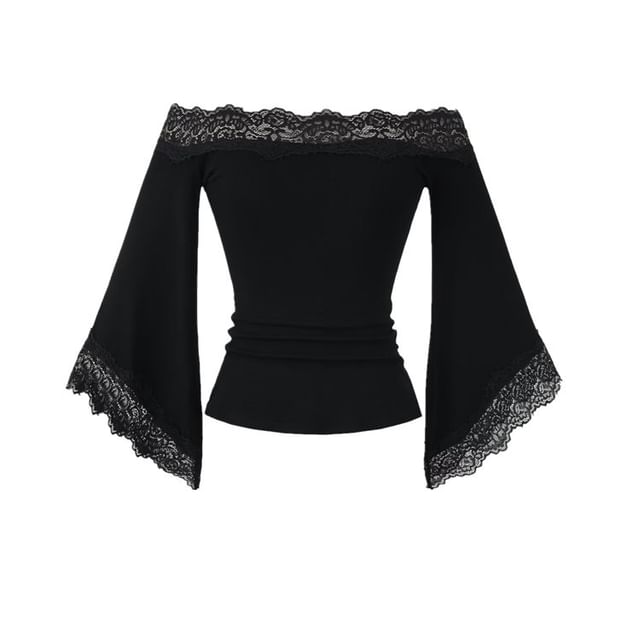 3/4-Sleeve Off Shoulder Plain Lace Trim Crop Tee