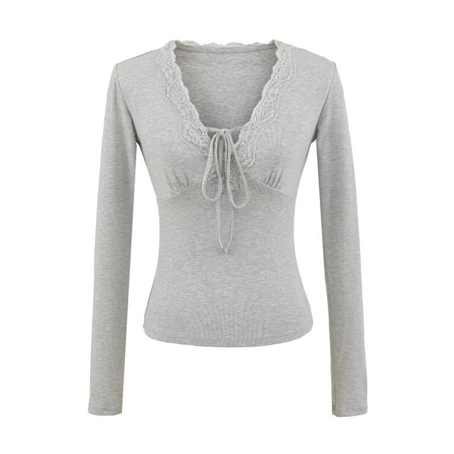 Long-Sleeve V-Neck Plain Lace Trim Tee